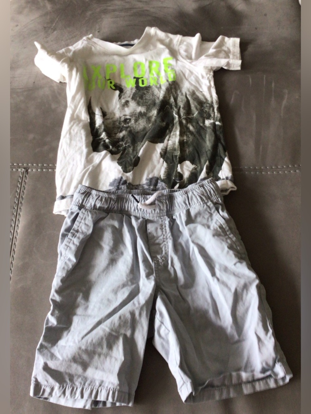White Graphic Rhino Tee and Light Gray Shorts